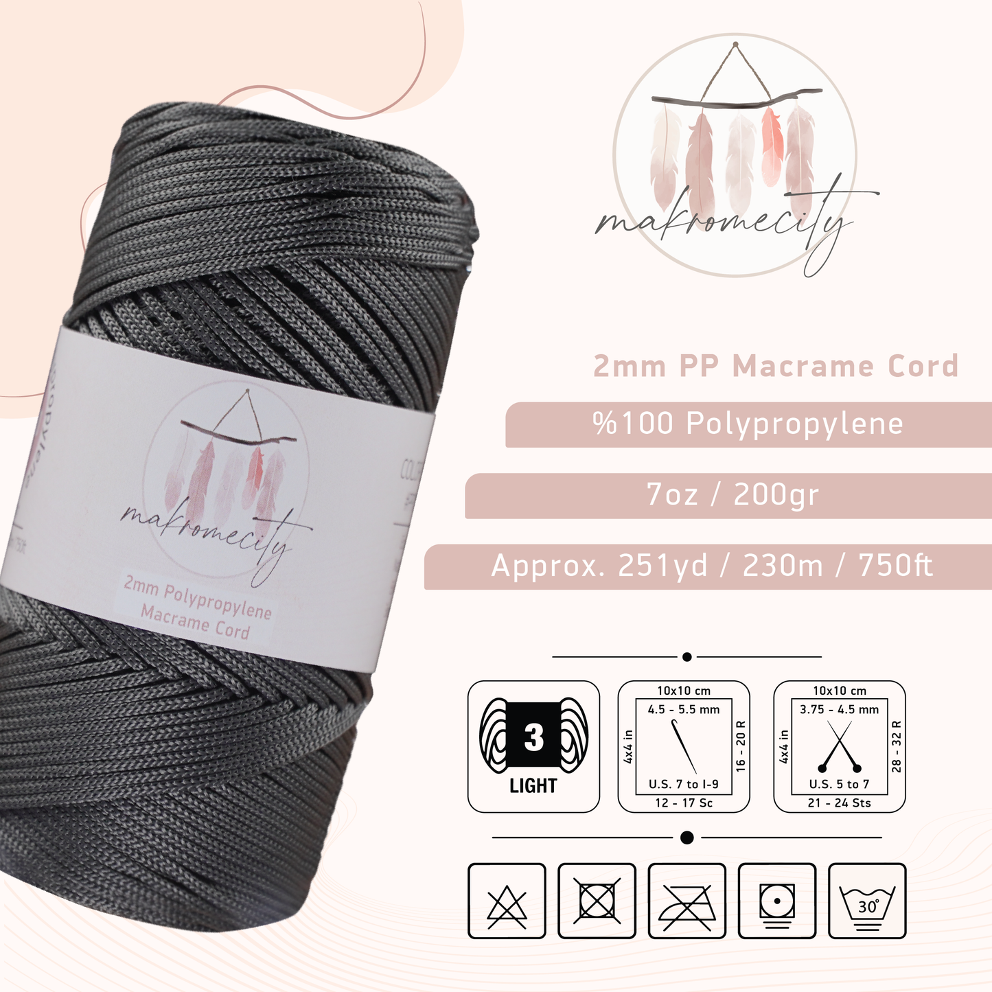 Polyester Macrame Cord 2mm x 250 yards (750 feet) - Anthracite