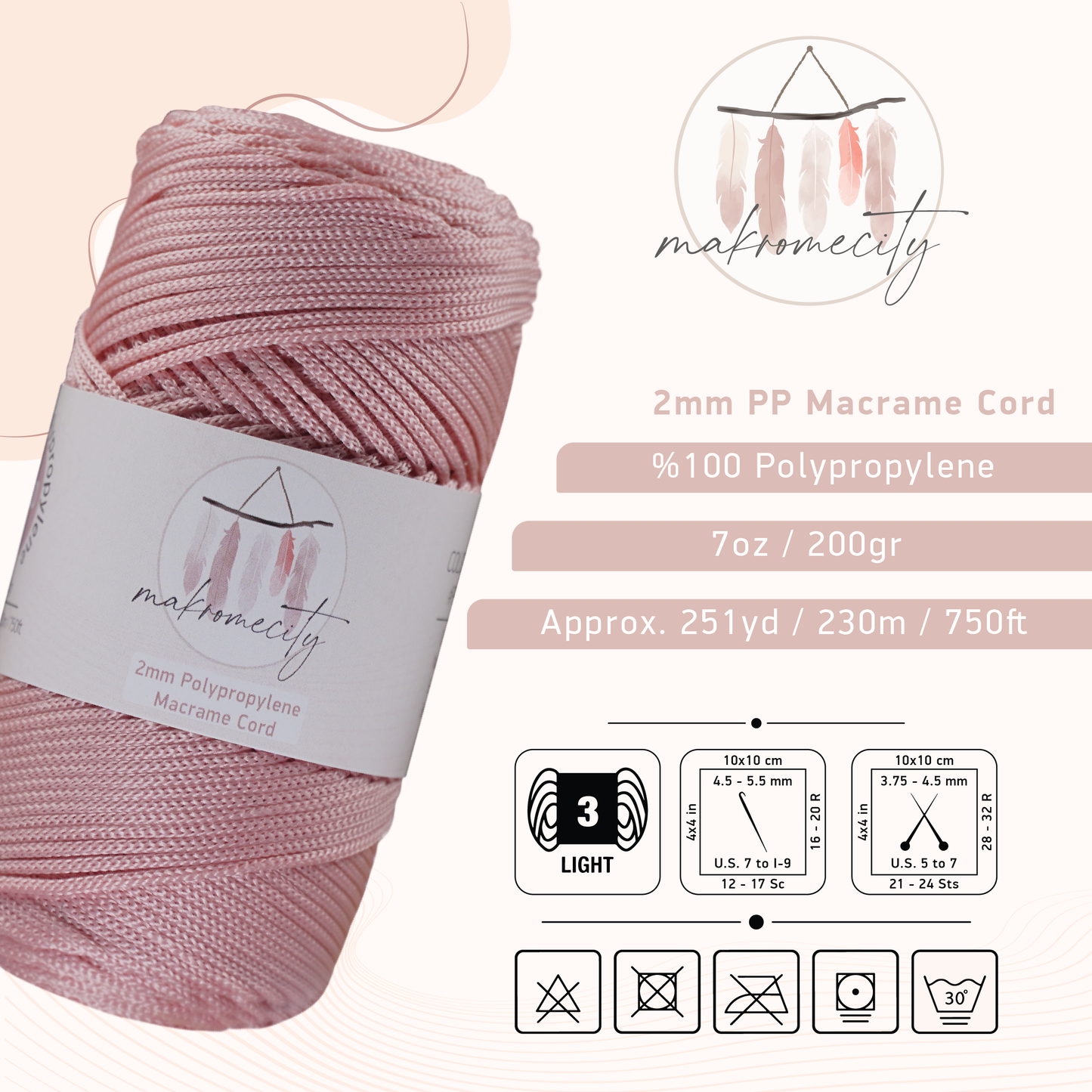 Polyester Macrame Cord 2mm x 250 yards (750 feet) - Baby Pink