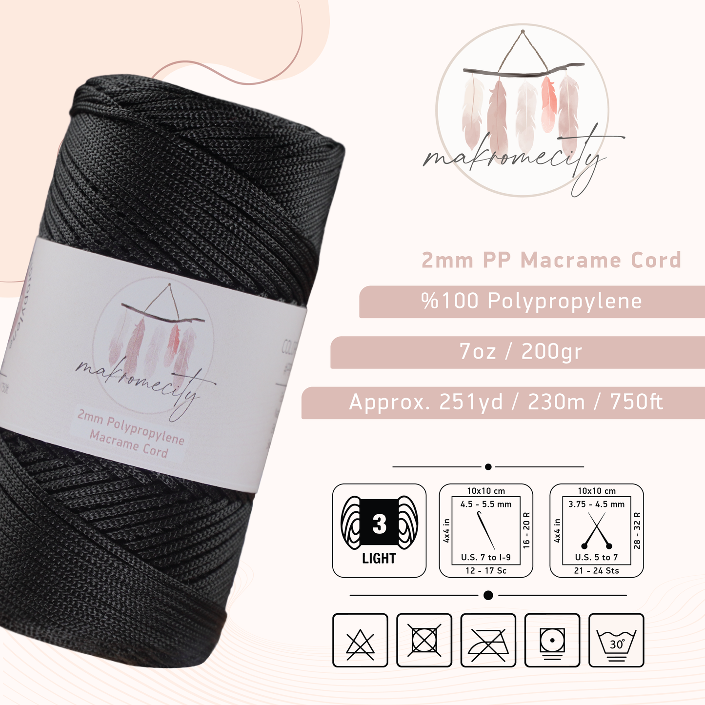 Polyester Macrame Cord 2mm x 250 yards (750 feet) - Black