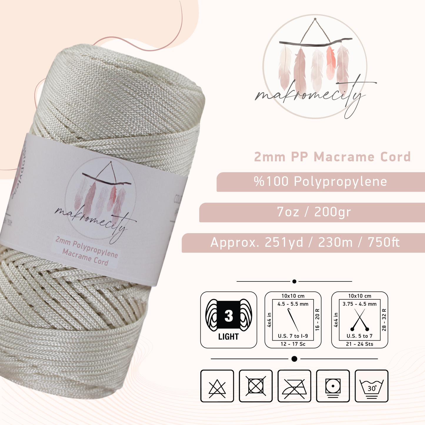 Polyester Macrame Cord 2mm x 250 yards (750 feet) - Ecru