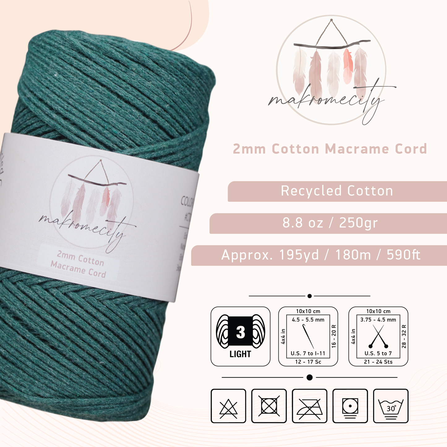 Cotton Macrame Cord 2mm x 195 Yards (590 feet) 2mm - Forest Green