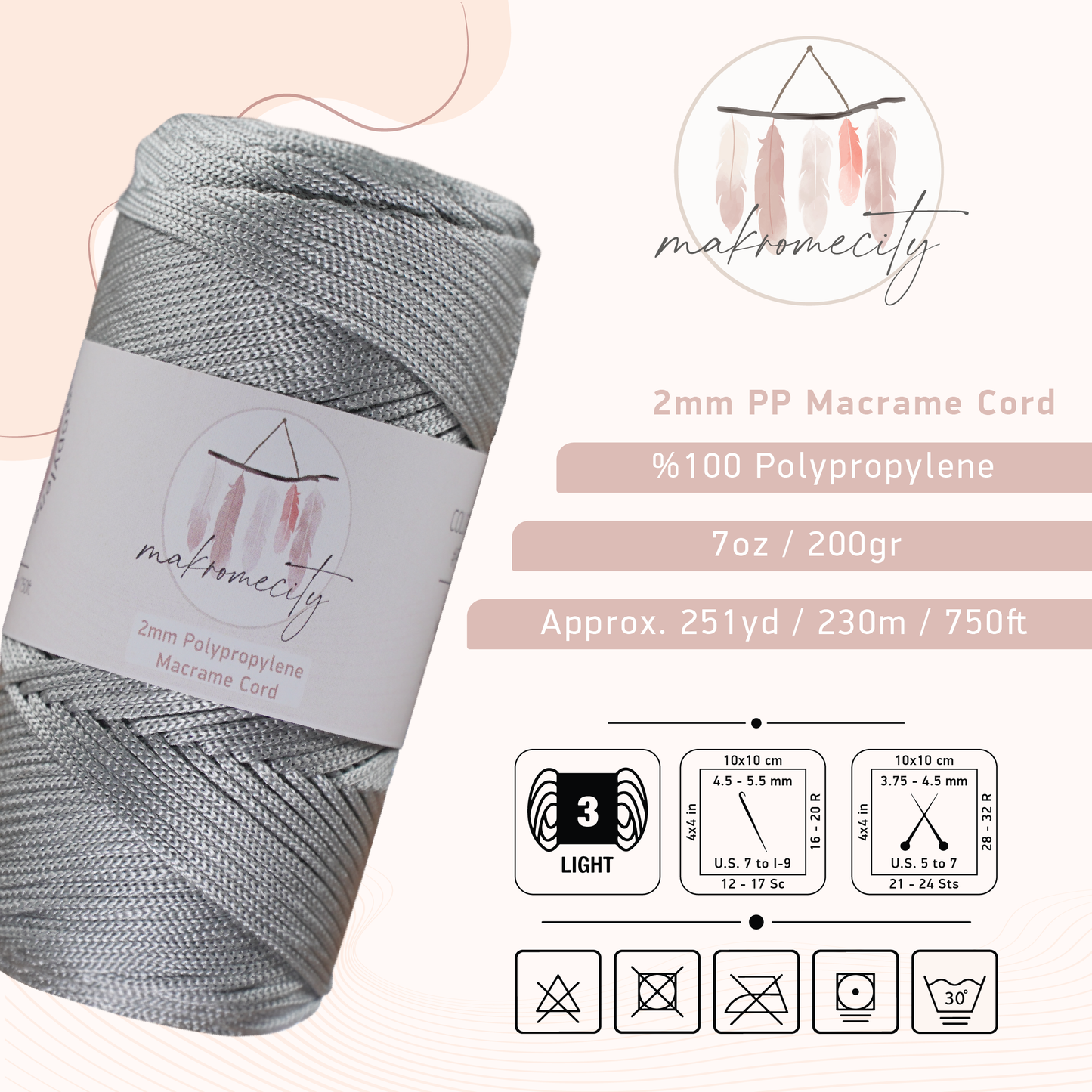 Polyester Macrame Cord 2mm x 250 yards (750 feet) - Light Grey