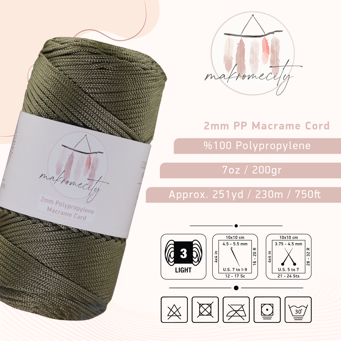 Polyester Macrame Cord 2mm x 250 yards (750 feet) - Olive Drab