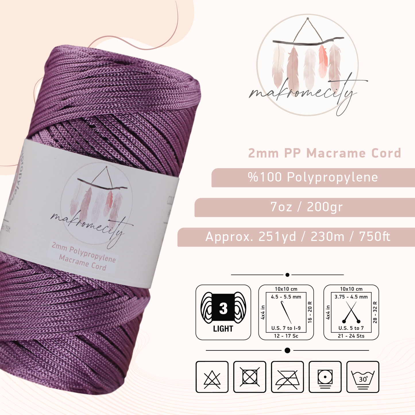 Polyester Macrame Cord 2mm x 250 yards (750 feet) - Plum