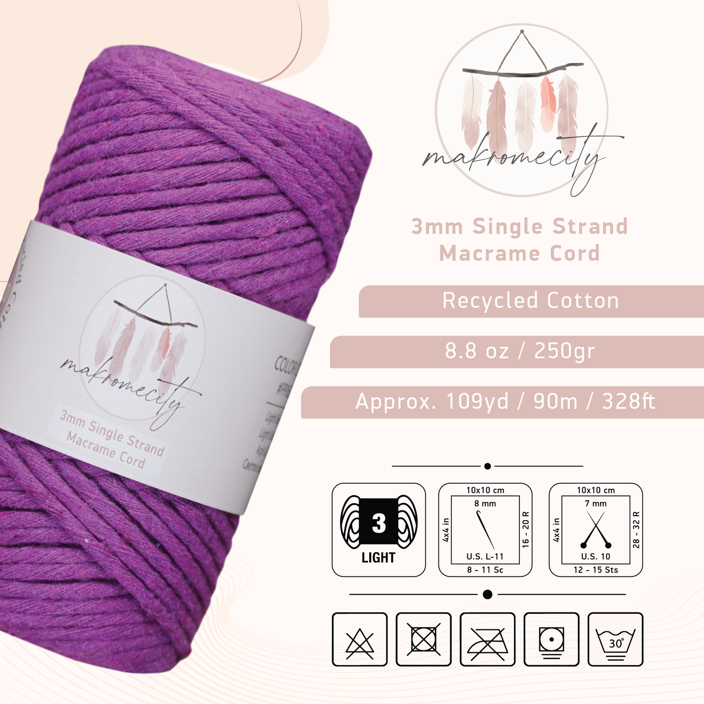 Single Strand Macrame Cord 3 mm x 109 Yards (328 feet) - Purple