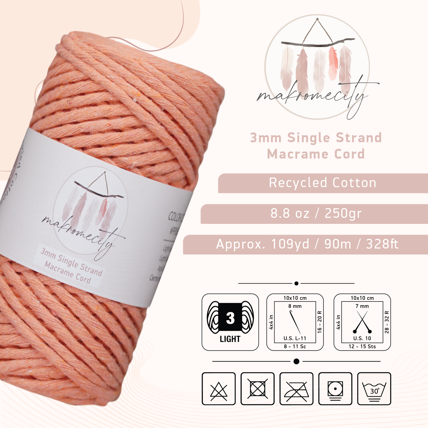 Single Strand Macrame Cord 3 mm x 109 Yards (328 feet) - Salmon Pink