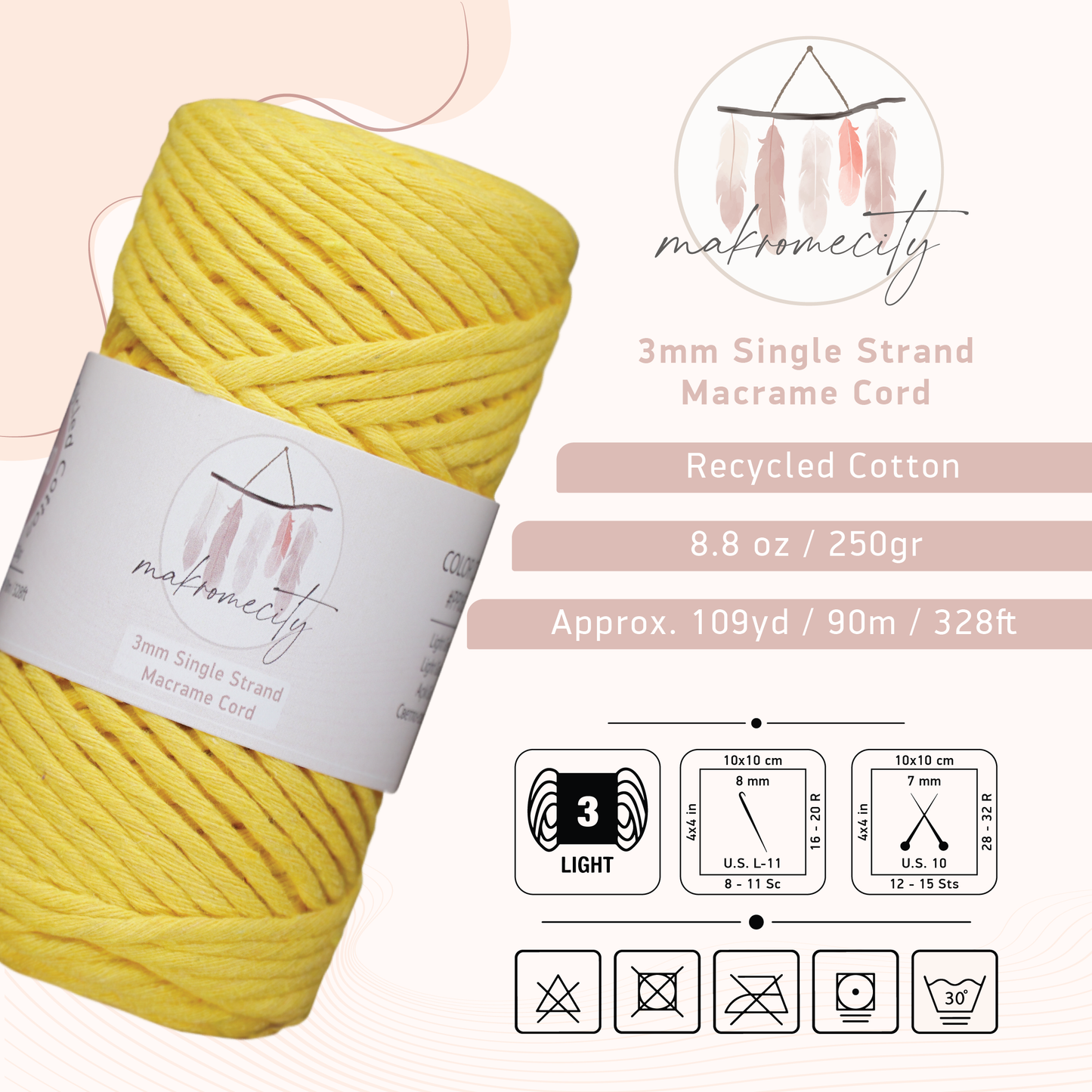 Single Strand Macrame Cord 3 mm x 100 Yards (295 feet) - Yellow