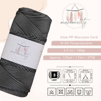 Polyester Macrame Cord 2mm x 125 Yards (375 feet) 2mm Polypropylene - Anthracite