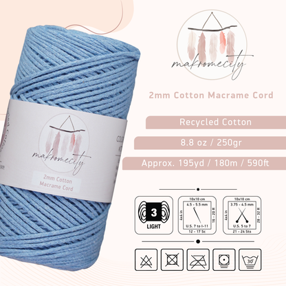 Cotton Macrame Cord 2mm x 195 Yards (590 feet) 2mm - Baby Blue