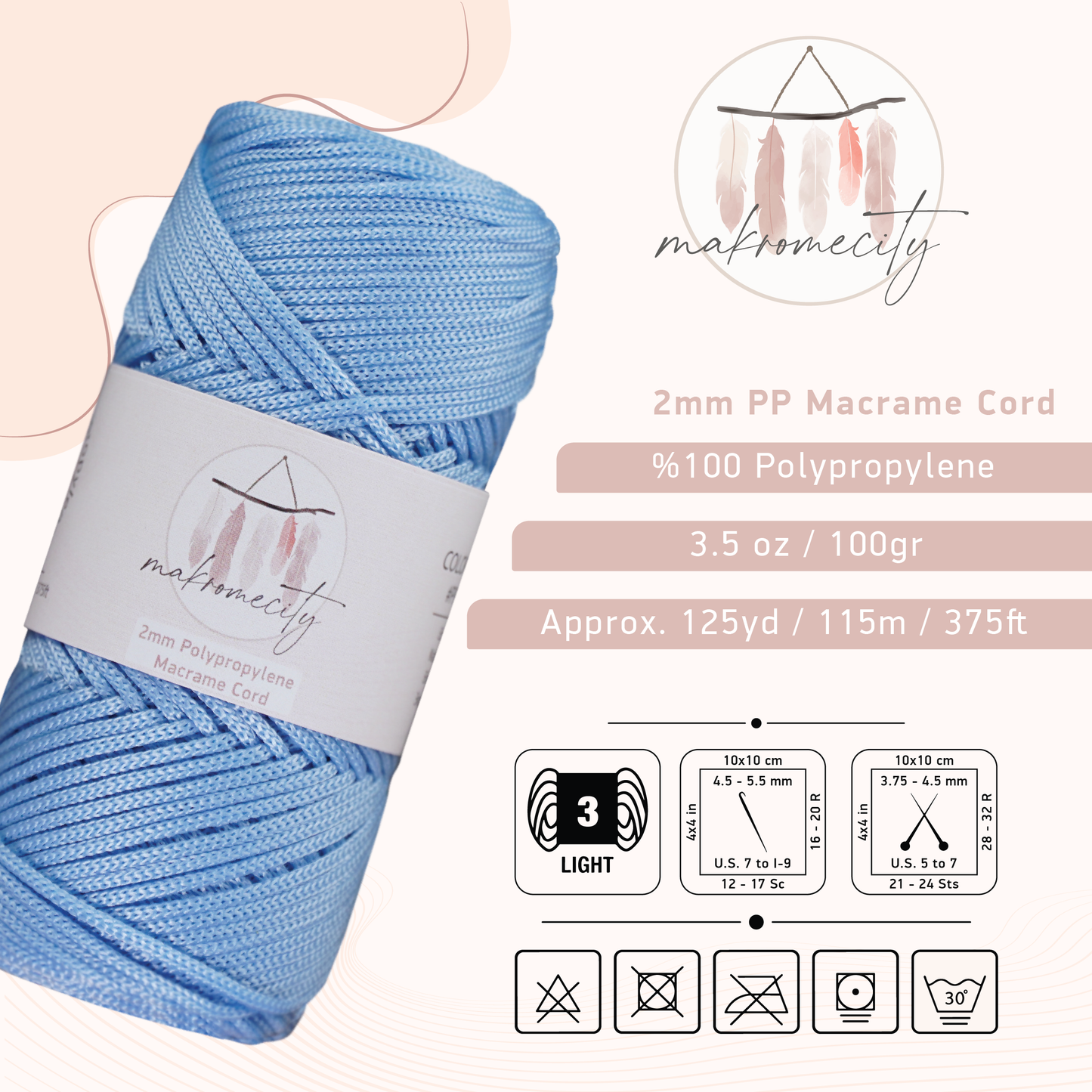 Polyester Macrame Cord 2mm x 125 Yards (375 feet) 2mm Polypropylene - Baby Blue