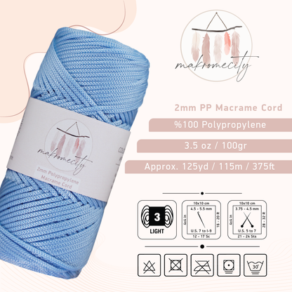 Polyester Macrame Cord 2mm x 125 Yards (375 feet) 2mm Polypropylene - Baby Blue