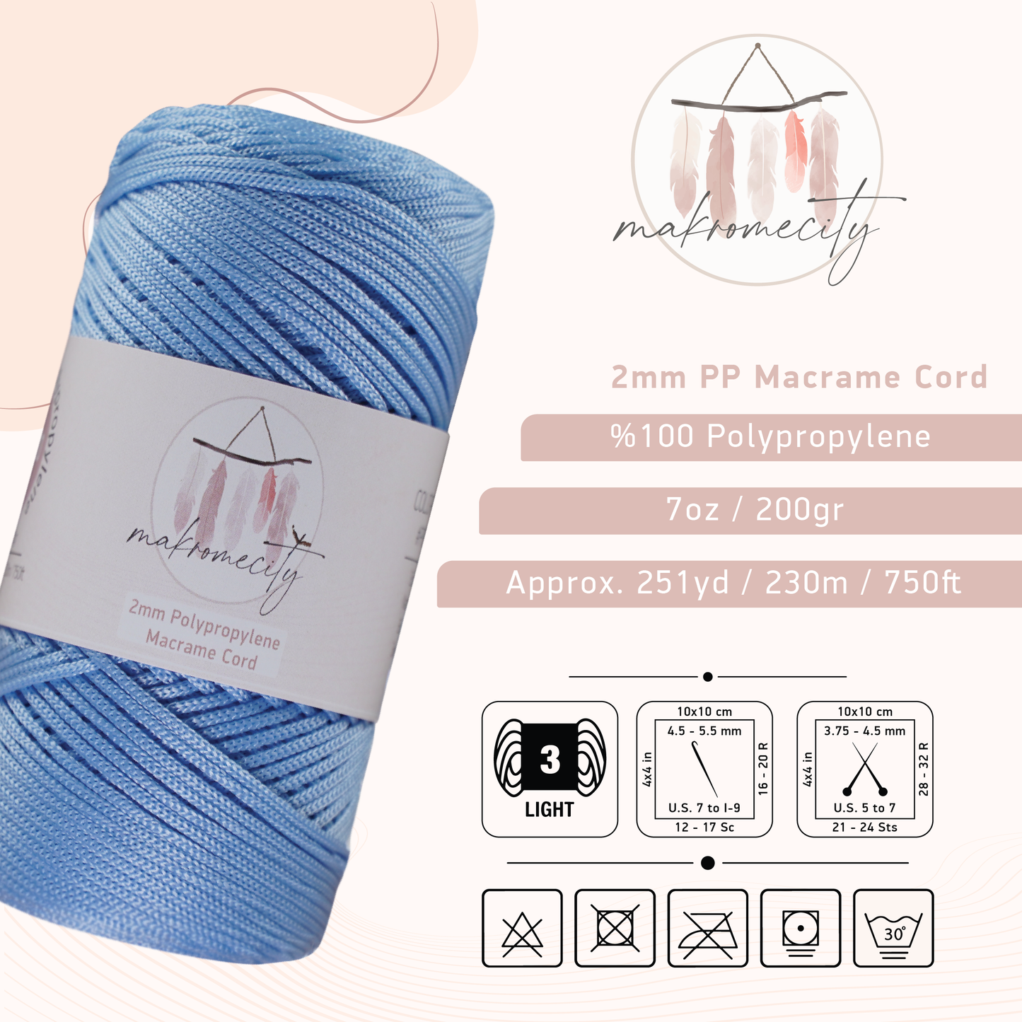 Polyester Macrame Cord 2mm x 250 yards (750 feet)  - Baby Blue