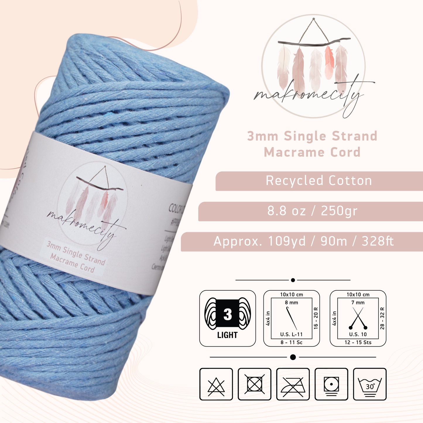 Single Strand Macrame Cord 3 mm x 109 Yards (328 feet) - Baby Blue