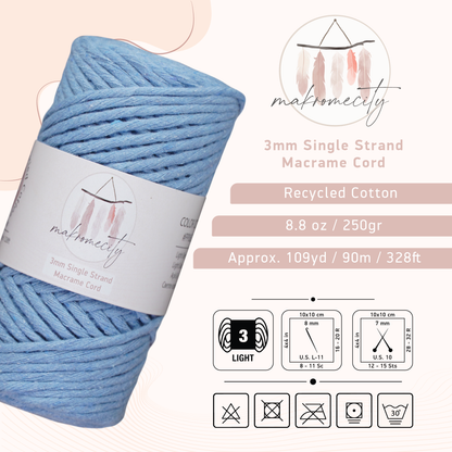 Single Strand Macrame Cord 3 mm x 109 Yards (328 feet) - Baby Blue