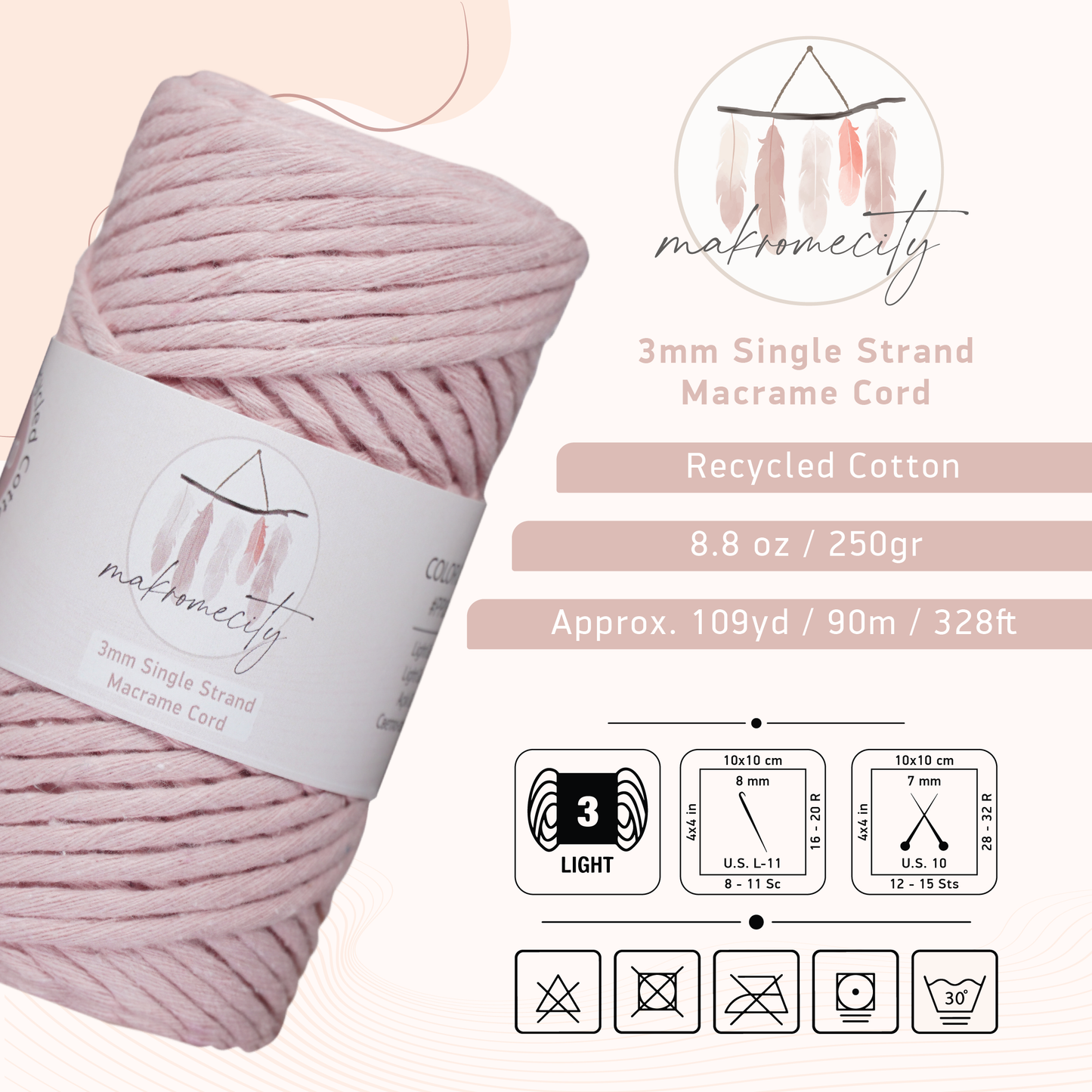 Single Strand Macrame Cord 3 mm x 109 Yards (328 feet) - Baby Pink