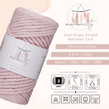 Single Strand Macrame Cord 3 mm x 109 Yards (328 feet) - Baby Pink