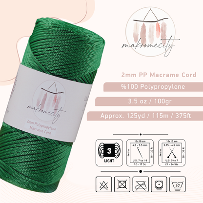 Polyester Macrame Cord 2mm x 125 Yards (375 feet) 2mm Polypropylene - Benetton Green