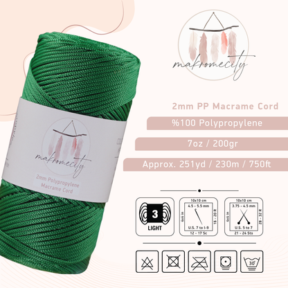 Polyester Macrame Cord 2mm x 250 yards (750 feet)  - Benetton Green