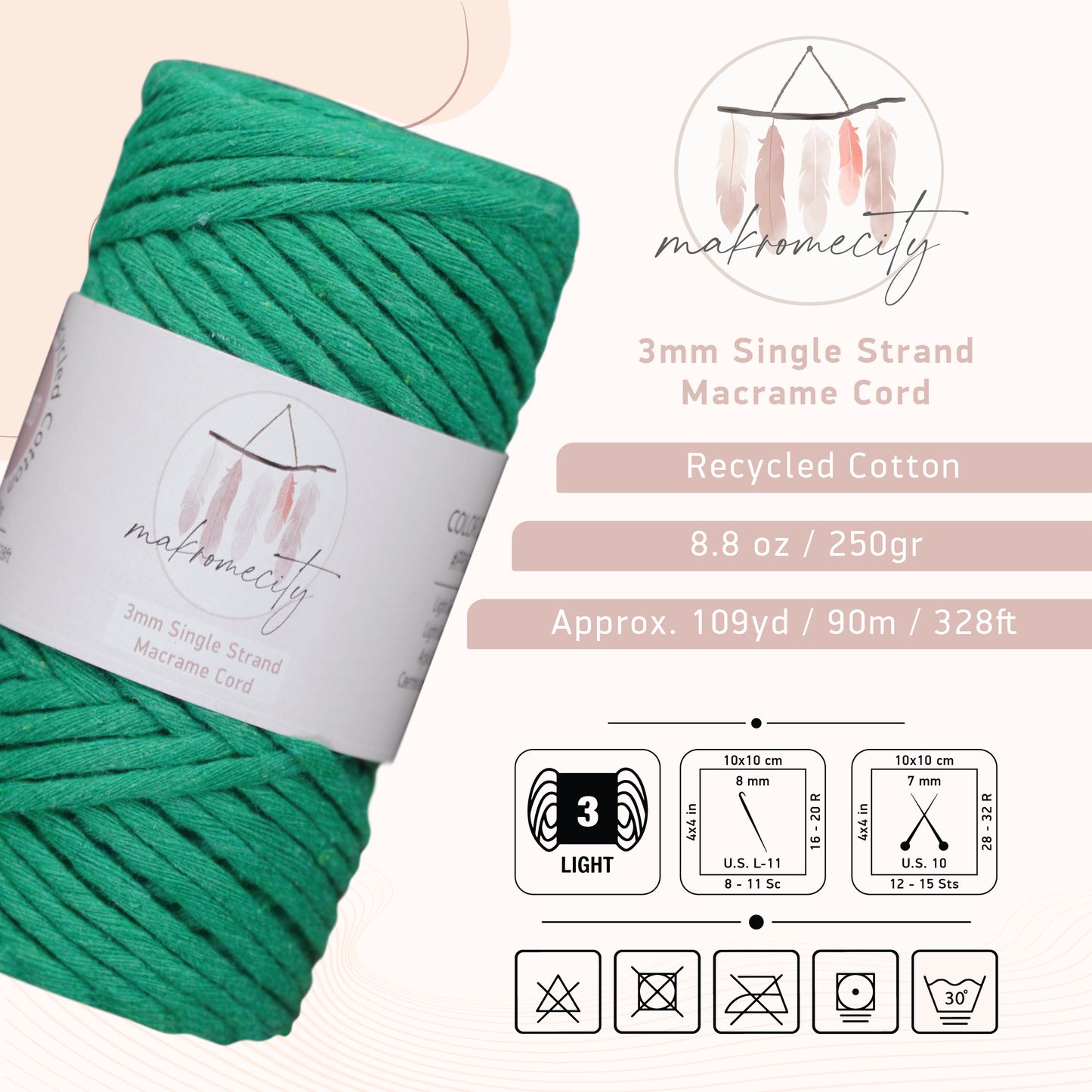 Single Strand Macrame Cord 3 mm x 109 Yards (328 feet) - Benetton