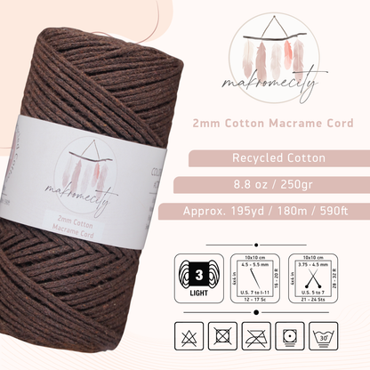 Cotton Macrame Cord 2mm x 195 Yards (590 feet) 2mm - Bitter Coffee