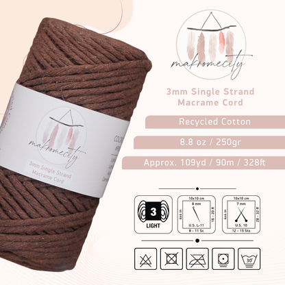 Single Strand Macrame Cord 3 mm x 109 Yards (328 feet) - Bitter Coffee