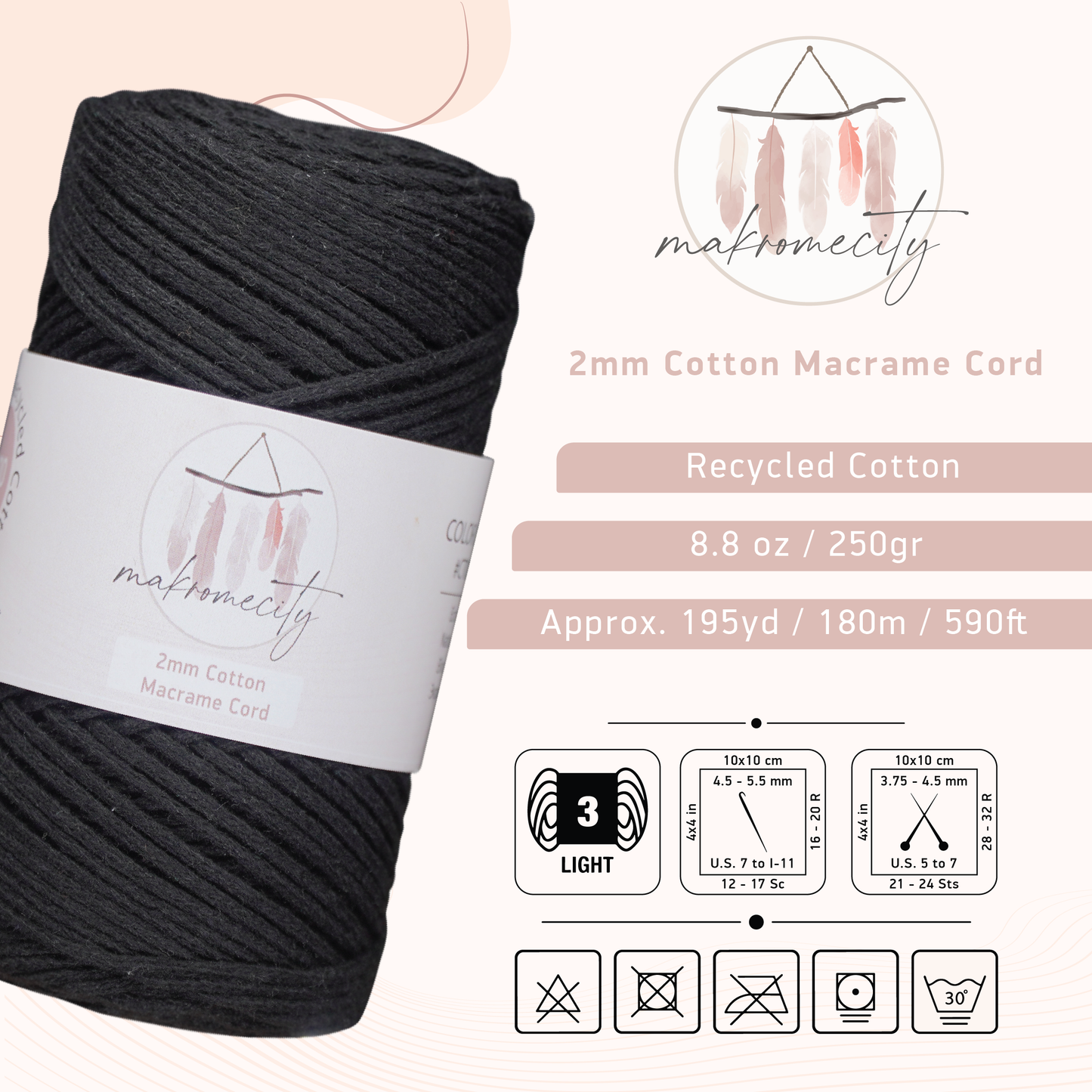 Cotton Macrame Cord 2mm x 195 Yards (590 feet) 2mm - Black