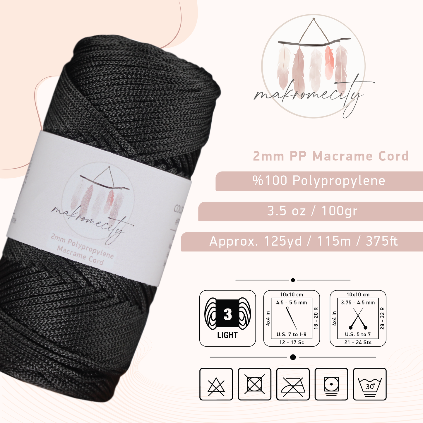 Polyester Macrame Cord 2mm x 125 Yards (375 feet) 2mm Polypropylene - Black