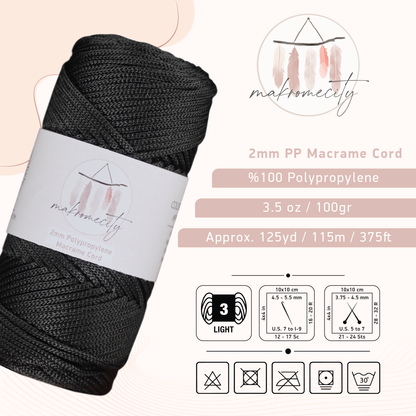 Polyester Macrame Cord 2mm x 125 Yards (375 feet) 2mm Polypropylene - Black