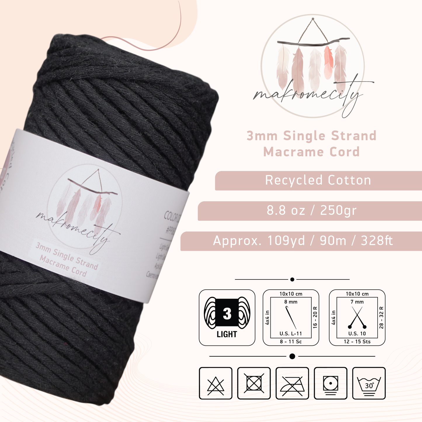 Single Strand Macrame Cord 3 mm x 109 Yards (328 feet) - Black