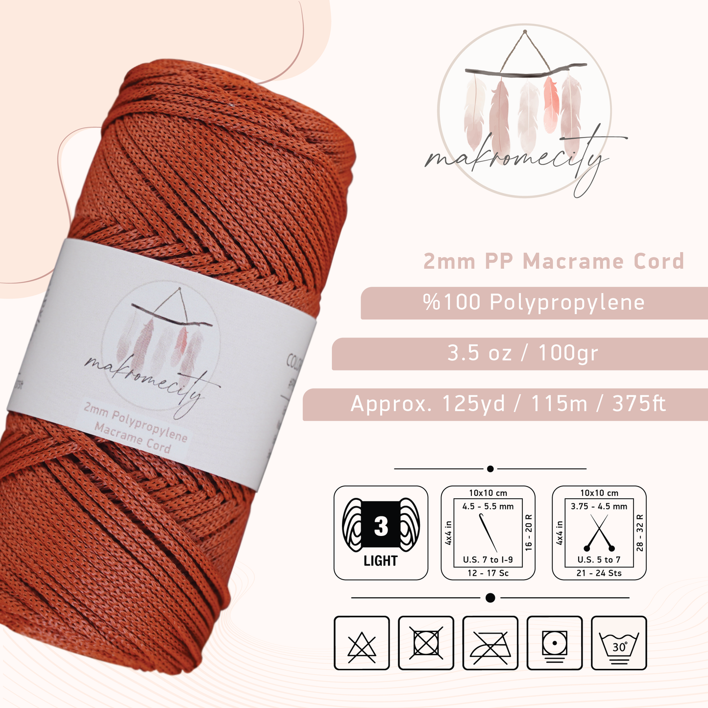 Polyester Macrame Cord 2mm x 125 Yards (375 feet) 2mm Polypropylene - Brick