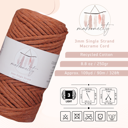 Single Strand Macrame Cord 3 mm x 109 Yards (328 feet) - Brick