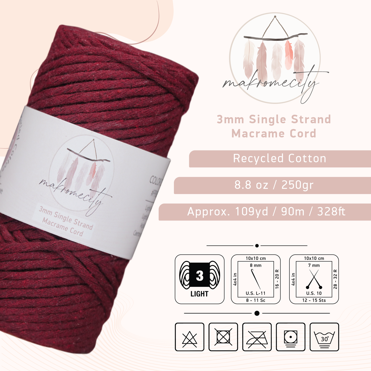 Single Strand Macrame Cord 3 mm x 109 Yards (328 feet) - Claret Red