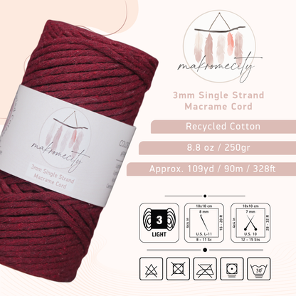 Single Strand Macrame Cord 3 mm x 109 Yards (328 feet) - Claret Red