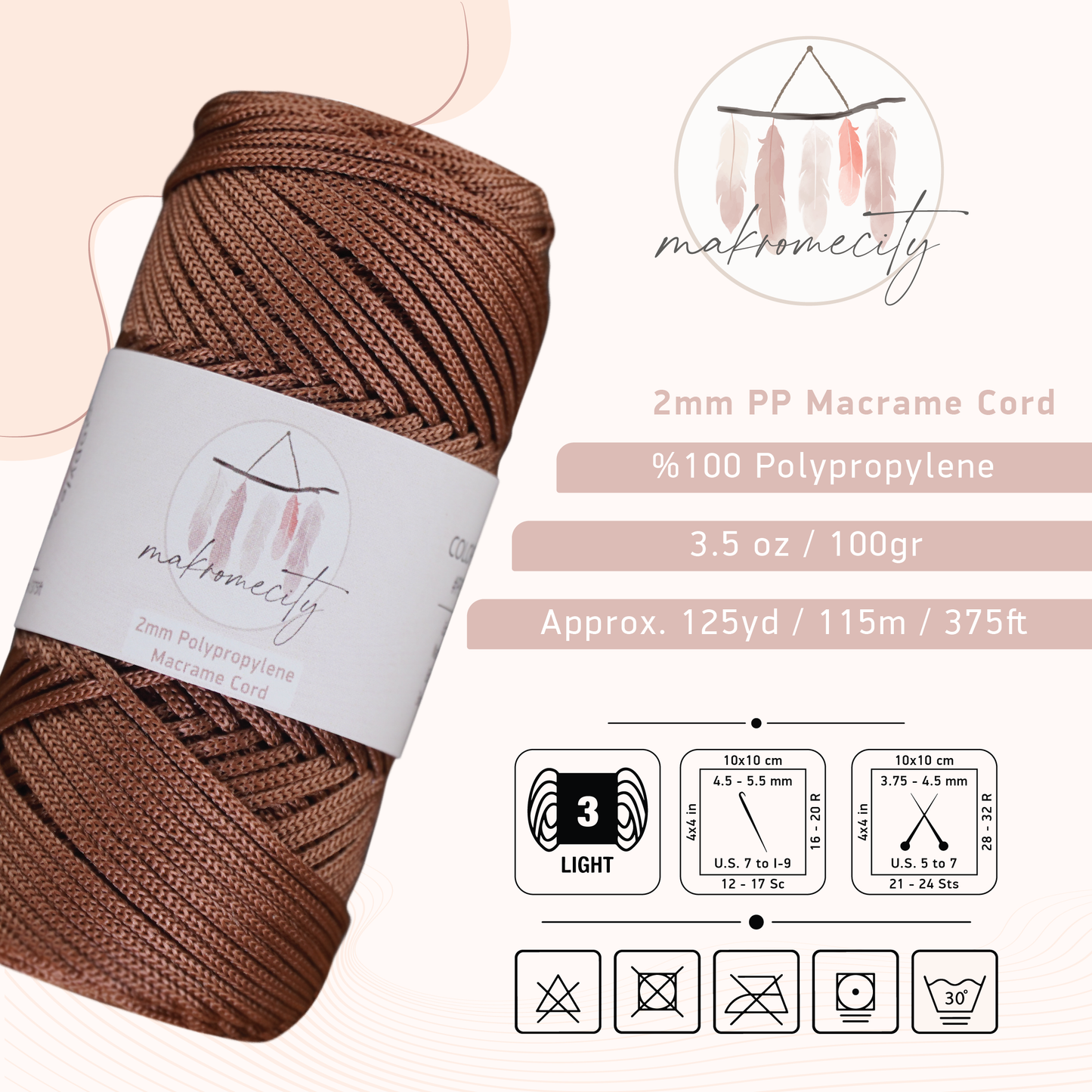 Polyester Macrame Cord 2mm x 125 Yards (375 feet) 2mm Polypropylene - Copper