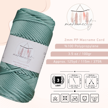 Polyester Macrame Cord 2mm x 125 Yards (375 feet) 2mm Polypropylene - Crepe Green