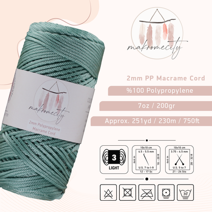 Polyester Macrame Cord 2mm x 250 yards (750 feet)  - Crepe Green