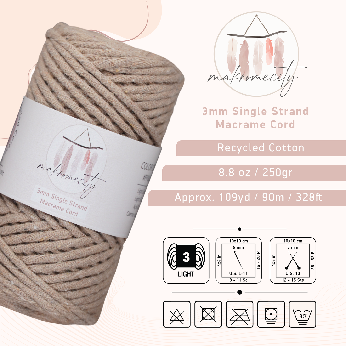 Single Strand Macrame Cord 3 mm x 109 Yards (328 feet) - Dark Latte