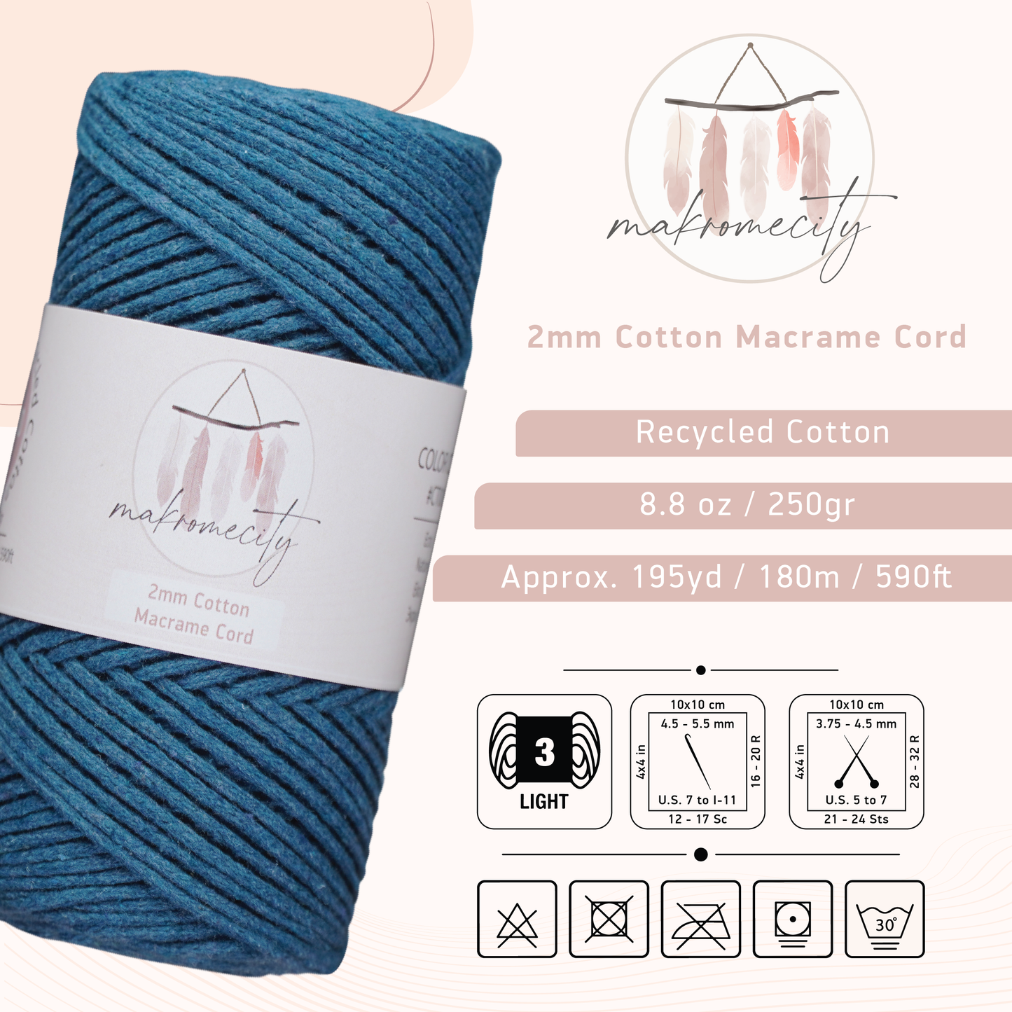 Cotton Macrame Cord 2mm x 195 Yards (590 feet) 2mm - Denim Blue