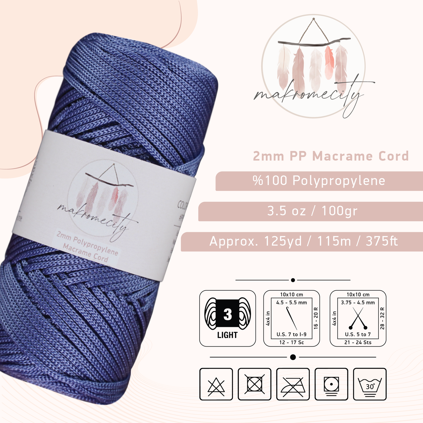 Polyester Macrame Cord 2mm x 125 Yards (375 feet) 2mm Polypropylene - Denim Blue