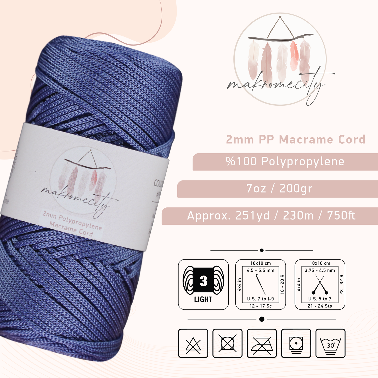 Polyester Macrame Cord 2mm x 250 yards (750 feet)  - Denim Blue