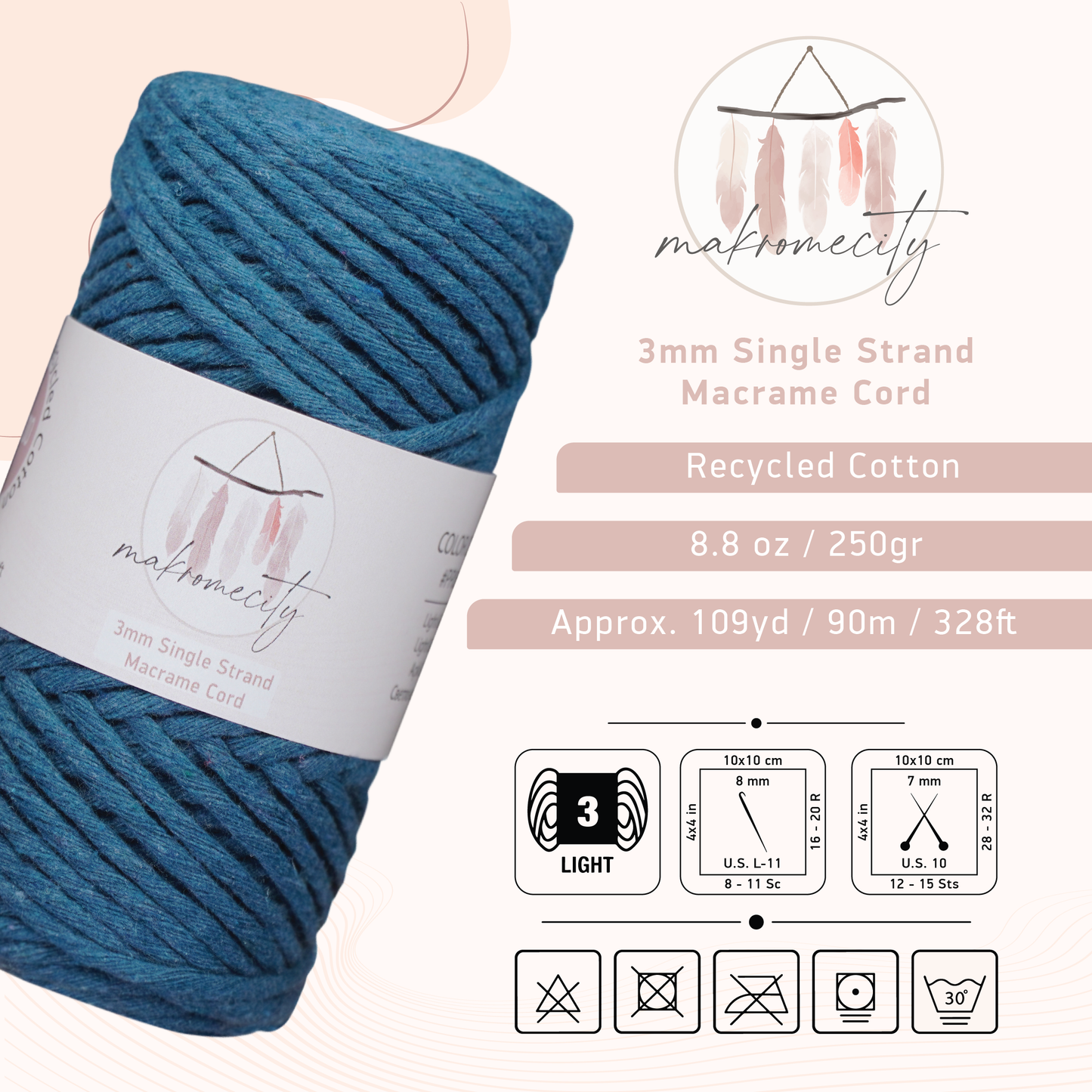 Single Strand Macrame Cord 3 mm x 109 Yards (328 feet) - Navy Blue