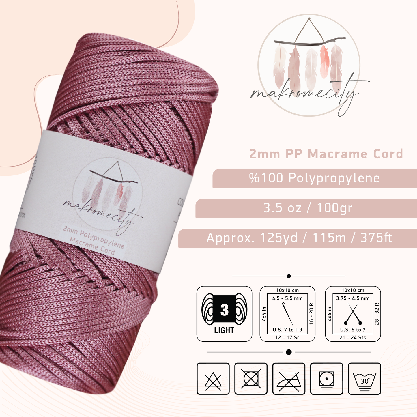 Polyester Macrame Cord 2mm x 125 Yards (375 feet) 2mm Polypropylene - Dusty Rose