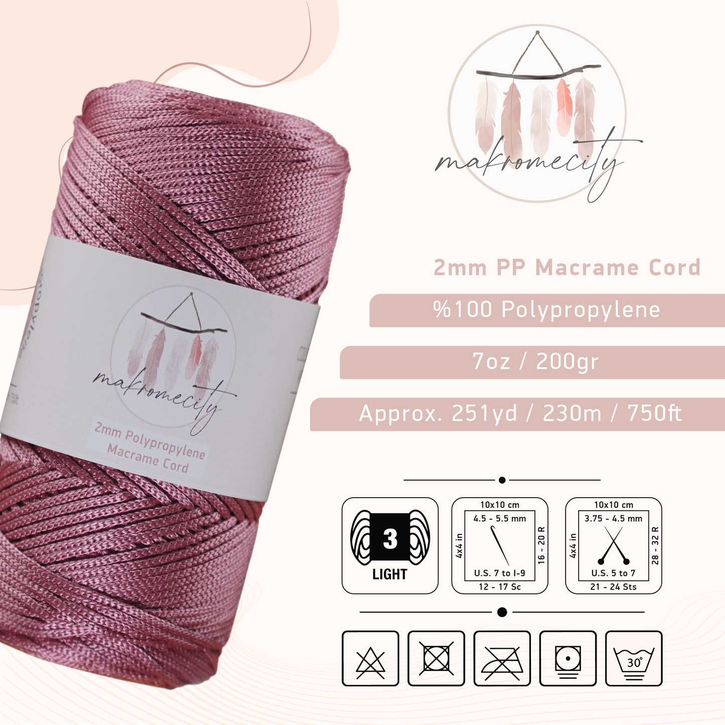 Polyester Macrame Cord 2mm x 250 yards (750 feet)  - Dusty Rose