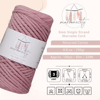 Single Strand Macrame Cord 3 mm x 109 Yards (328 feet) - Dusty Rose