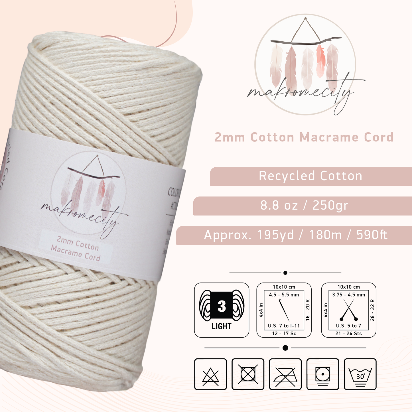 Cotton Macrame Cord 2mm x 195 Yards (590 feet) 2mm - Naturel (Ecru)