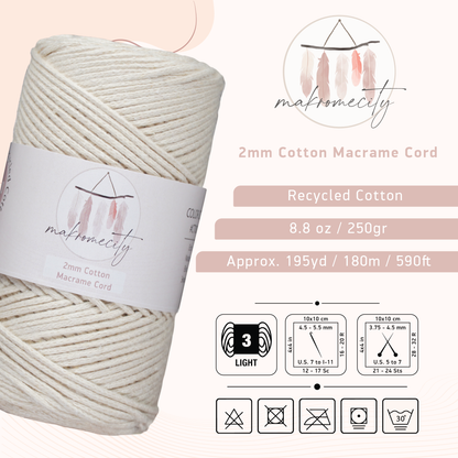 Cotton Macrame Cord 2mm x 195 Yards (590 feet) 2mm - Naturel (Ecru)