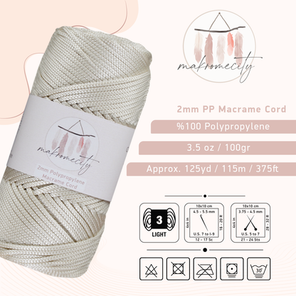 Polyester Macrame Cord 2mm x 125 Yards (375 feet) 2mm Polypropylene - Ecru