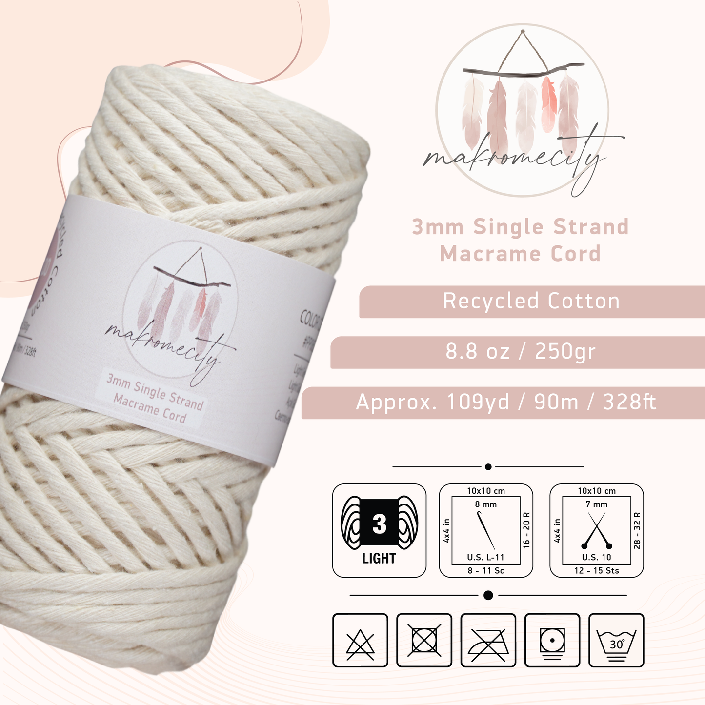 Single Strand Macrame Cord 3 mm x 109 Yards (328 feet) - Ecru