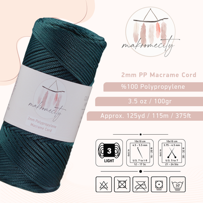 Polyester Macrame Cord 2mm x 125 Yards (375 feet) 2mm Polypropylene - Forest Green