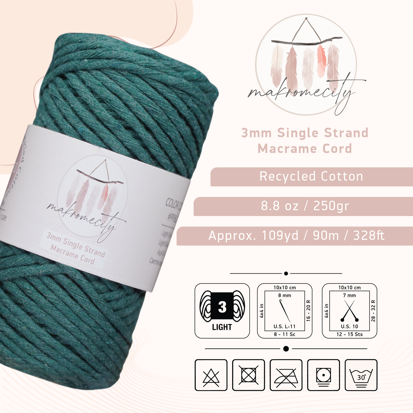 Single Strand Macrame Cord 3 mm x 109 Yards (328 feet) - Forest Green